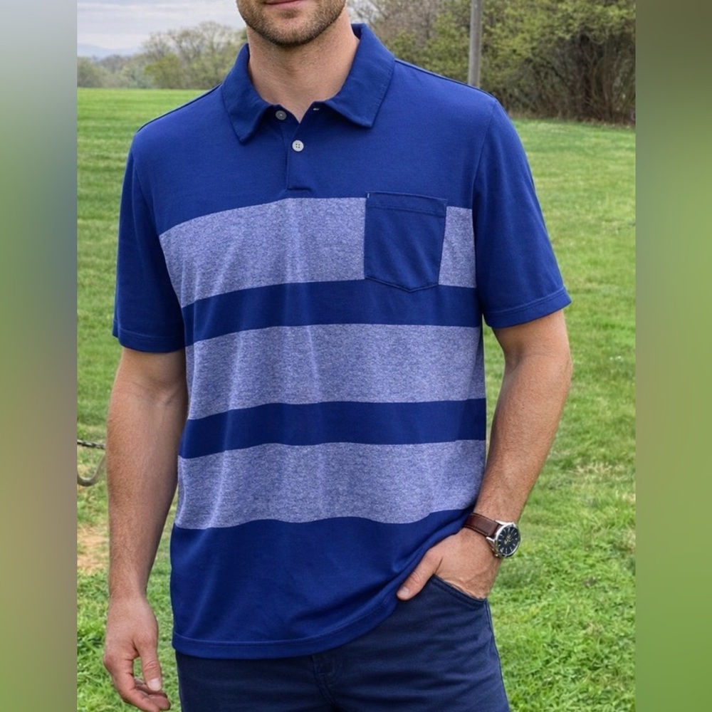 -Adidas Golf Blue with Grey Stripes s/s Polo w/ pocket Men's Sz 2XL